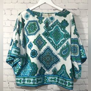 Chico’s blouse green and blue, white